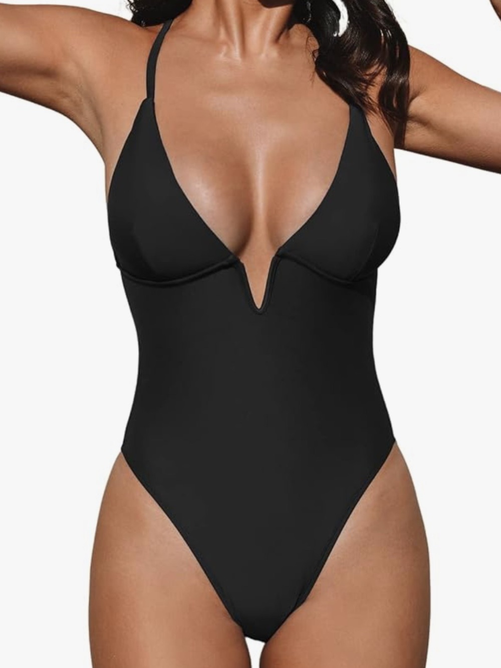 Cupshe Black Plunge V Neck One Piece Swimsuit Size M